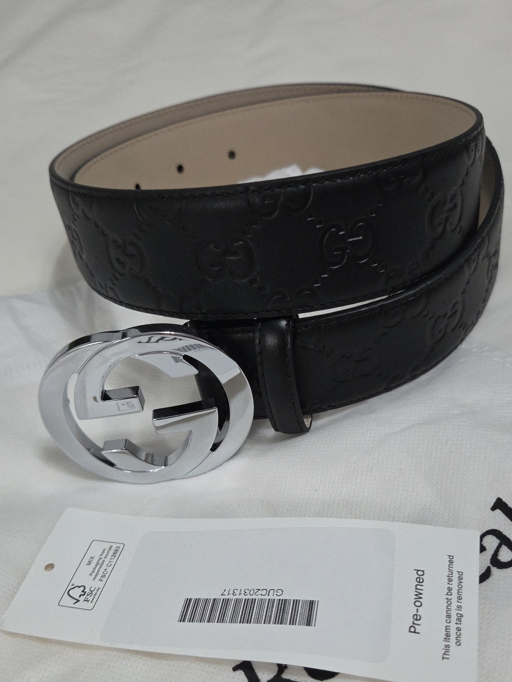 Gucci Classic Black Leather Monogram Belt Silver Double G Buckle 30/32